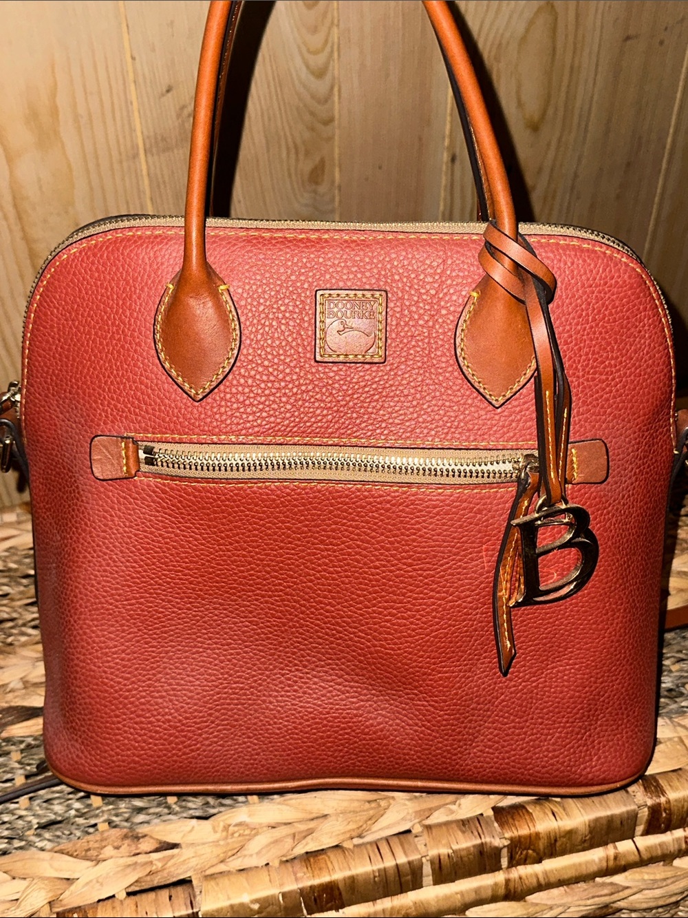 Dooney & Bourke Red Pebbled Leather Satchel with Tan Trim